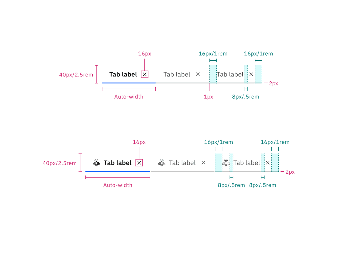 Structure and spacing measurements for dismissible line tabs without icons (top) and with icons (bottom).